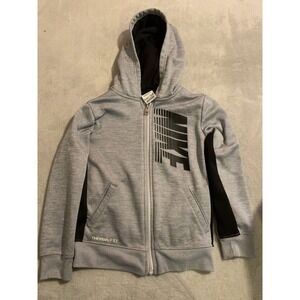 Nike Brand Jacket Kids Size 6-7  Gray Full Zip Hoodie Therma Fit Hood‎ Logo Grey